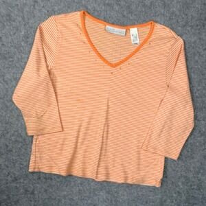 First Issue Liz Claiborne Orange White Striped Studded V-Neck 3/4 Sleeve Top XL